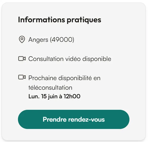 Aperçu d'une carte d'informations pratiques : lieu, consultation vidéo et prochaine disponibilité sur MonPsy