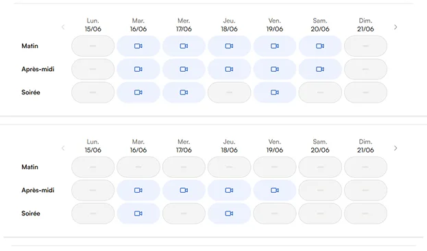 Illustration d'un calendrier de disponibilités hebdomadaire avec créneaux en visio sur MonPsy